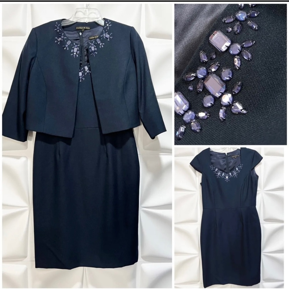 Preston & Yorke Sz 8 Teal Formal Jewel Satin Lined Dress Suit Cropped Jacket Set